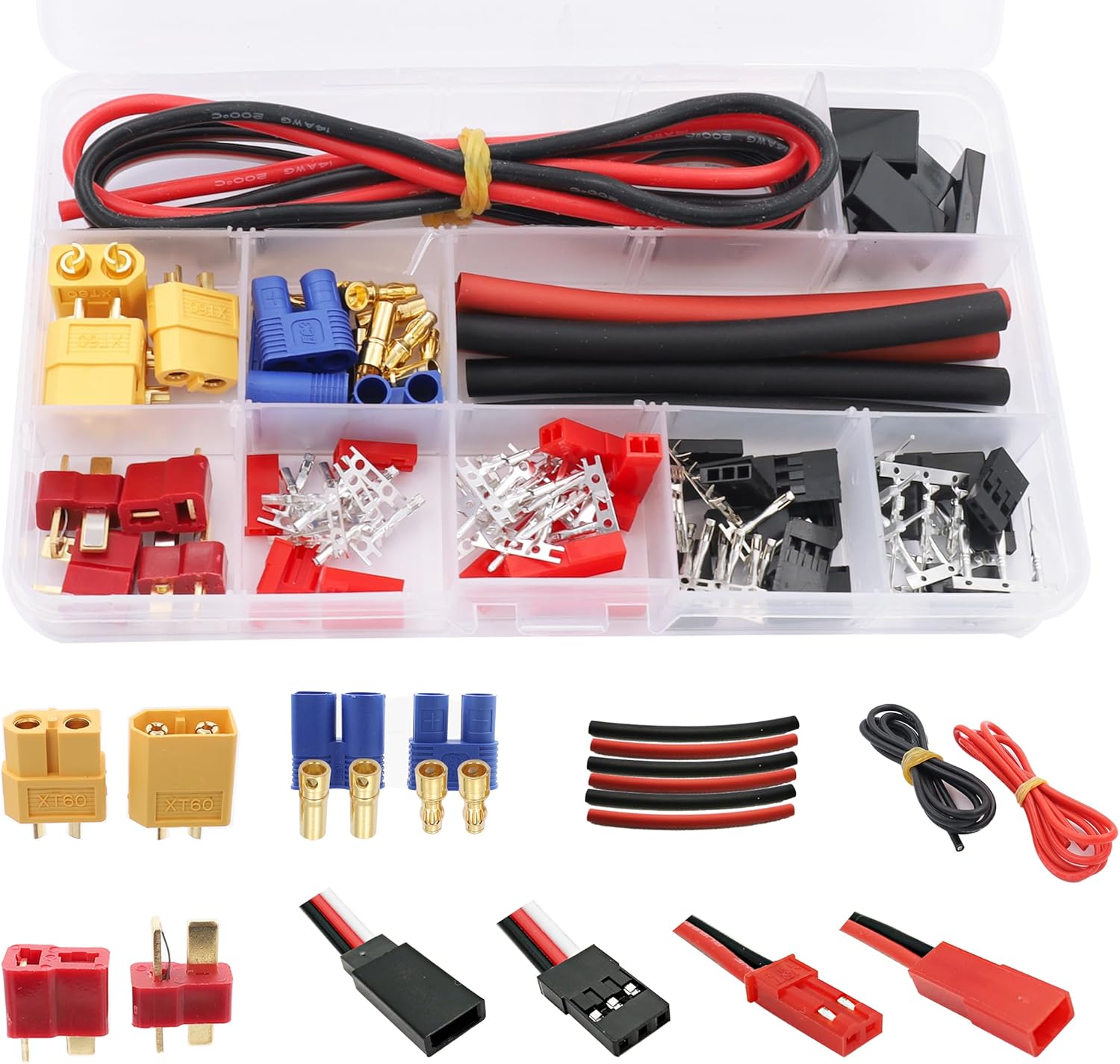 Raflot T-Plug EC3 XT60 Male Female Connector Adapters & Servo Plug Male Female Connector+14AWG Silicone Wire (111PCS)
