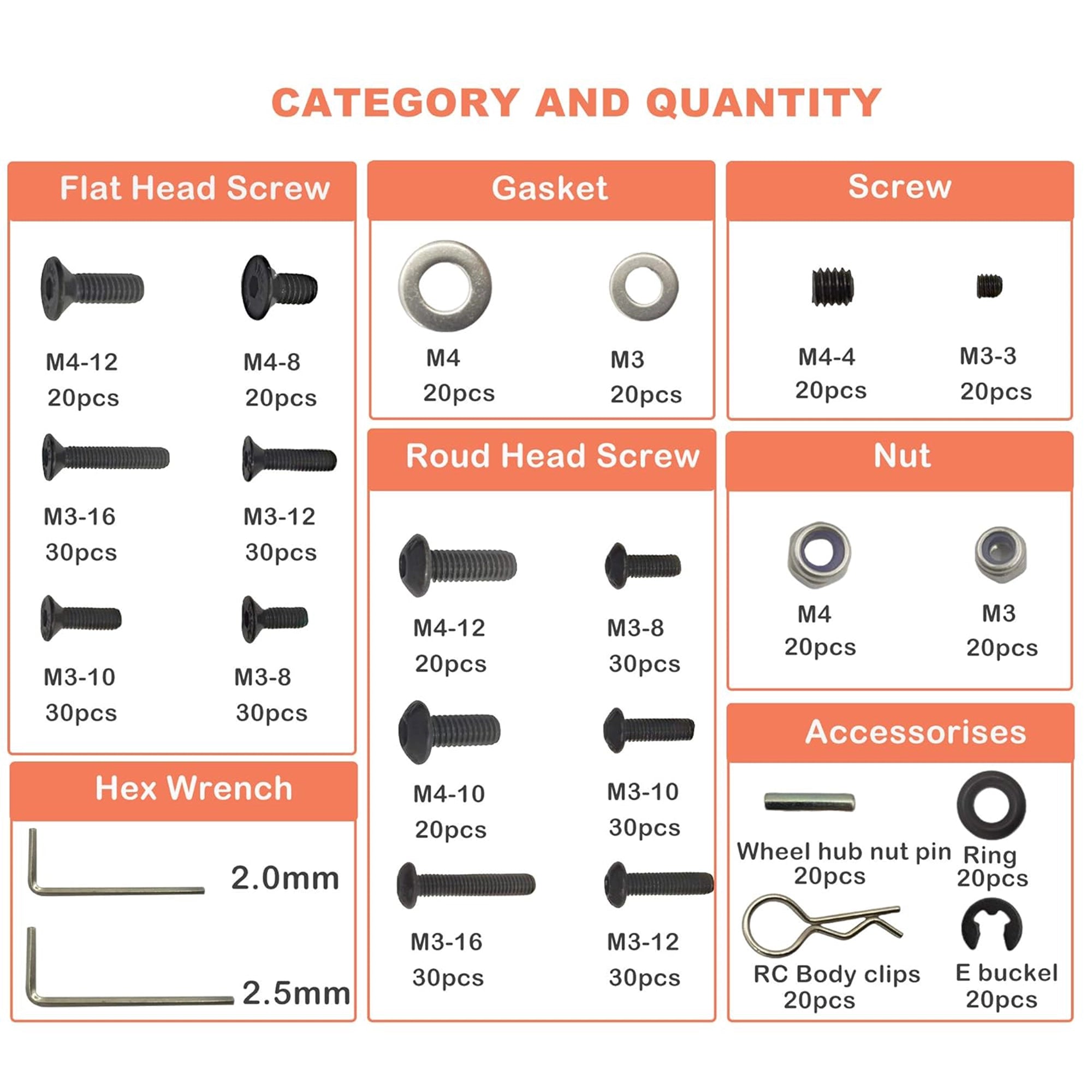 522PCS RC Screws Kit Hardware Fasteners RC Spare Accessories for Traxxas Tamiya Axial Redcat HPI SCX10 Losi 1/8 1/10 Scale RC Cars