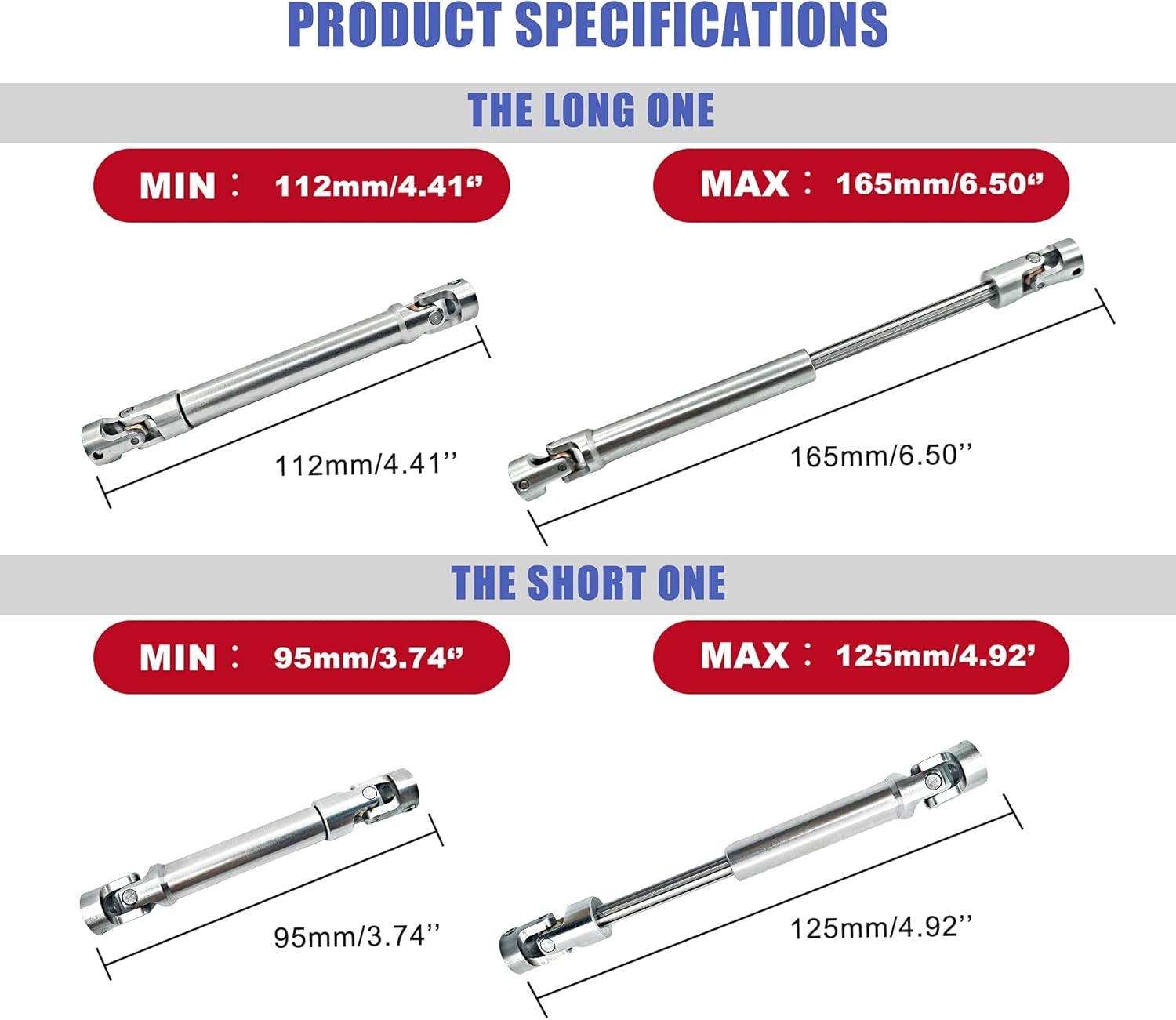 Raflot Stainless Steel Drive Shaft 112-165mm for 1/10 RC Crawler Traxxas TRX6 Axial SCX10 Wraith Capra D90 TF2 Redcat GEN8