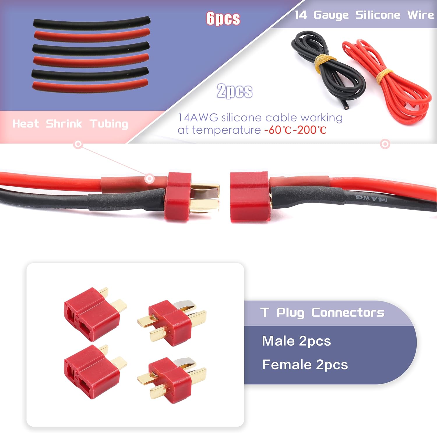 Raflot T-Plug EC3 XT60 Male Female Connector Adapters & Servo Plug Male Female Connector+14AWG Silicone Wire (111PCS)