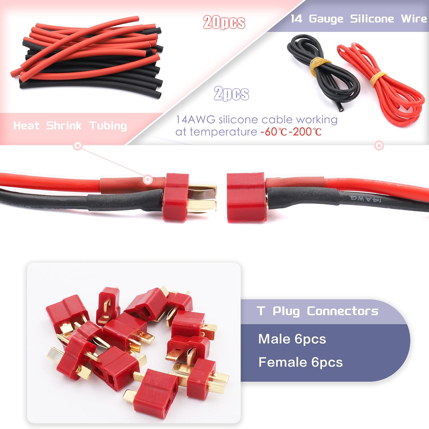Raflot 70 Pcs XT60 / XT90 /EC3 / EC5/T-Plug Deans Male&Female Connector Adapters 14AWG Silicone Wire+Shrink Tubings