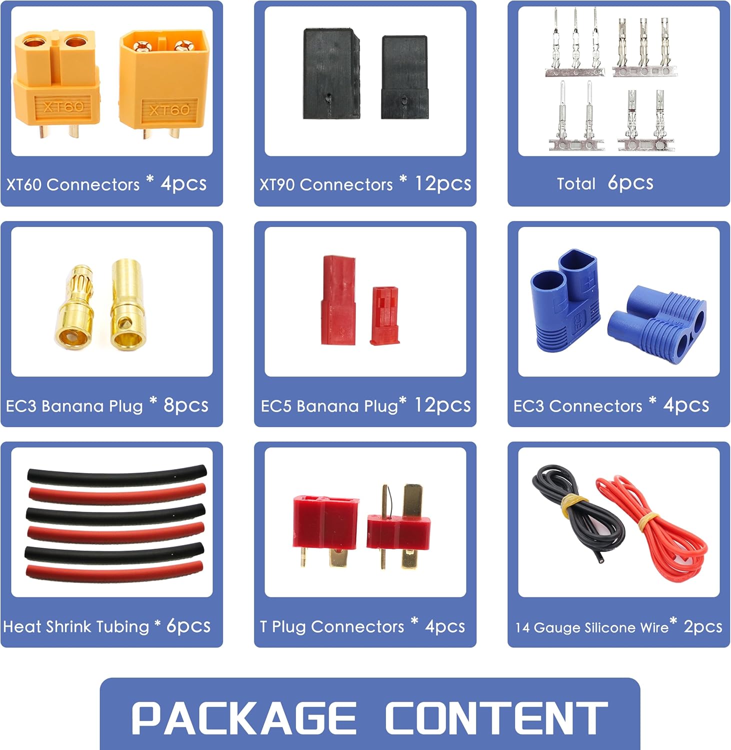 Raflot T-Plug EC3 XT60 Male Female Connector Adapters & Servo Plug Male Female Connector+14AWG Silicone Wire (111PCS)