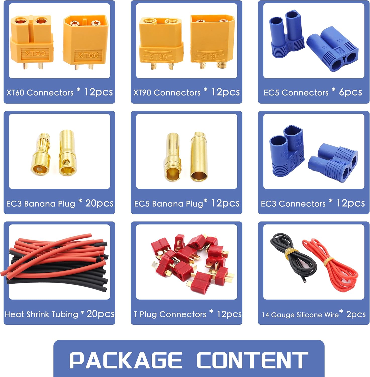 Raflot 70 Pcs XT60 / XT90 /EC3 / EC5/T-Plug Deans Male&Female Connector Adapters 14AWG Silicone Wire+Shrink Tubings